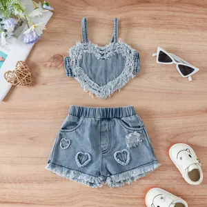 Infant Toddler Baby Girl 2-Pieces Denim Outfits Sleeveless Heart Camisole Tops Ripped Elastic Shorts Summer Clothes