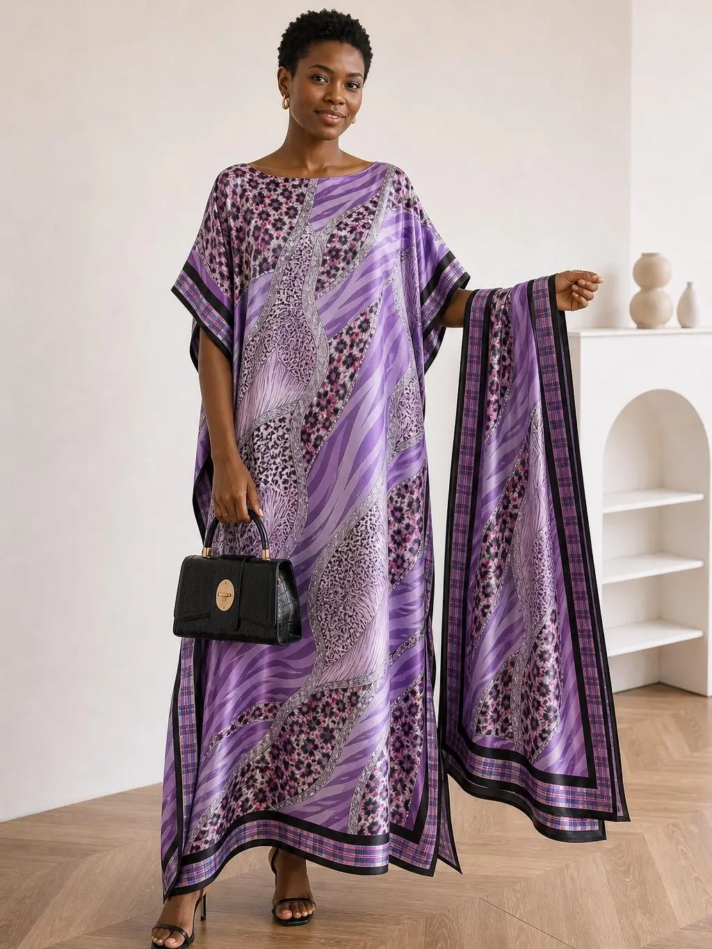 Women's 2-Piece Caftan Dress Set with Matching Scarf - Bold Modern Purple Leopard Animal Print, Loose Fabric Beach Cover Up, Pool Party Outfit, Sleeveless Long Robe Moomoo Dress