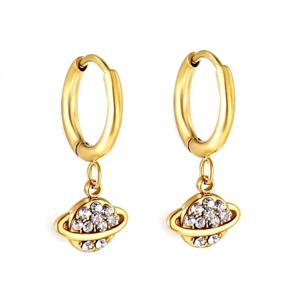 Crystal Planet Dangling Huggie Hoop Earrings - Pair - 304 Stainless Steel