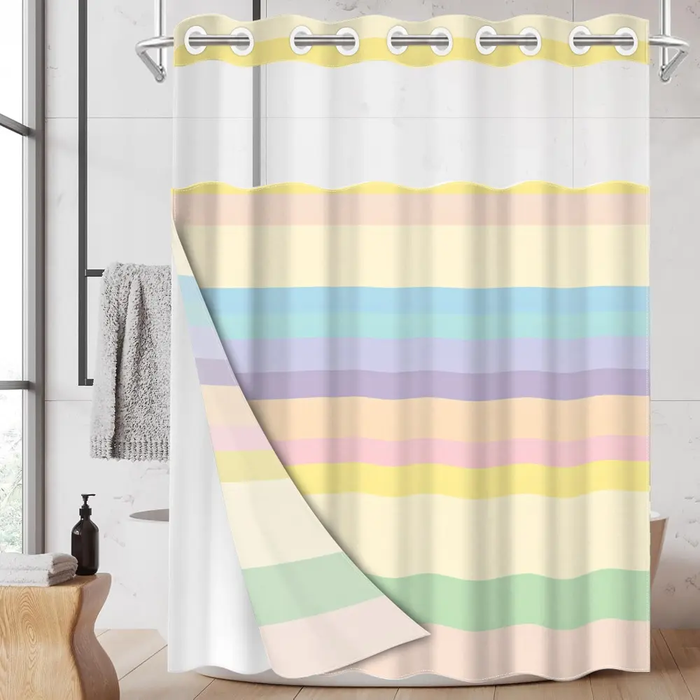 1pcHookless shower curtain with buckle lining, macaron striped patchwork design2D Flat PrintingWaterproof fabric-lined shower curtain with see-through window, double-layered shower curtain.71 x 74Inches, Modern Home Curtain Decor, Modern Bathroom Decor