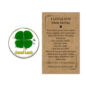 Good Luck Real Four Leaf Clover Good Luck Pocket Token, Handmade Preserved Flower Resin Charm with Gold Silver Foil, 4cm Round Natural Clover Amulet for Wallet, Purse, Bag, Gift Box Included
