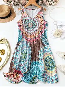 Plus Size Women's All over Print Sleeveless Vest Dress, Basic Boho Tank Dress, Perfect for Vacation and Home Use, Comfortable and Stylish, Casual wear