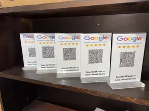 5 pack. QR Code Stand for business review pages. Double Sided. Options include Google , Facebook, Air BnB, Tik Tok