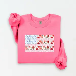 American Flag Patchwork Design Crewneck Pink or gray  Sweatshirt with Floral Patterned Flag Design