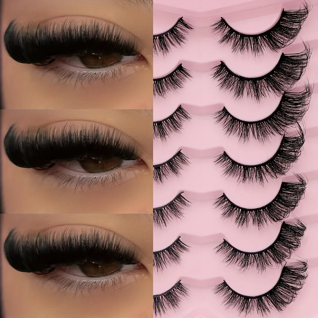Luxurious Russian-Style 3D Cat Eye DD Curl False Eyelashes Set - 7-Piece Self-Adhesive Reusable Extra Thick Dual-Length (6mm-10mm) Lash Extensions Makeup Cosmetic Accessory, Eyelashes Extensions