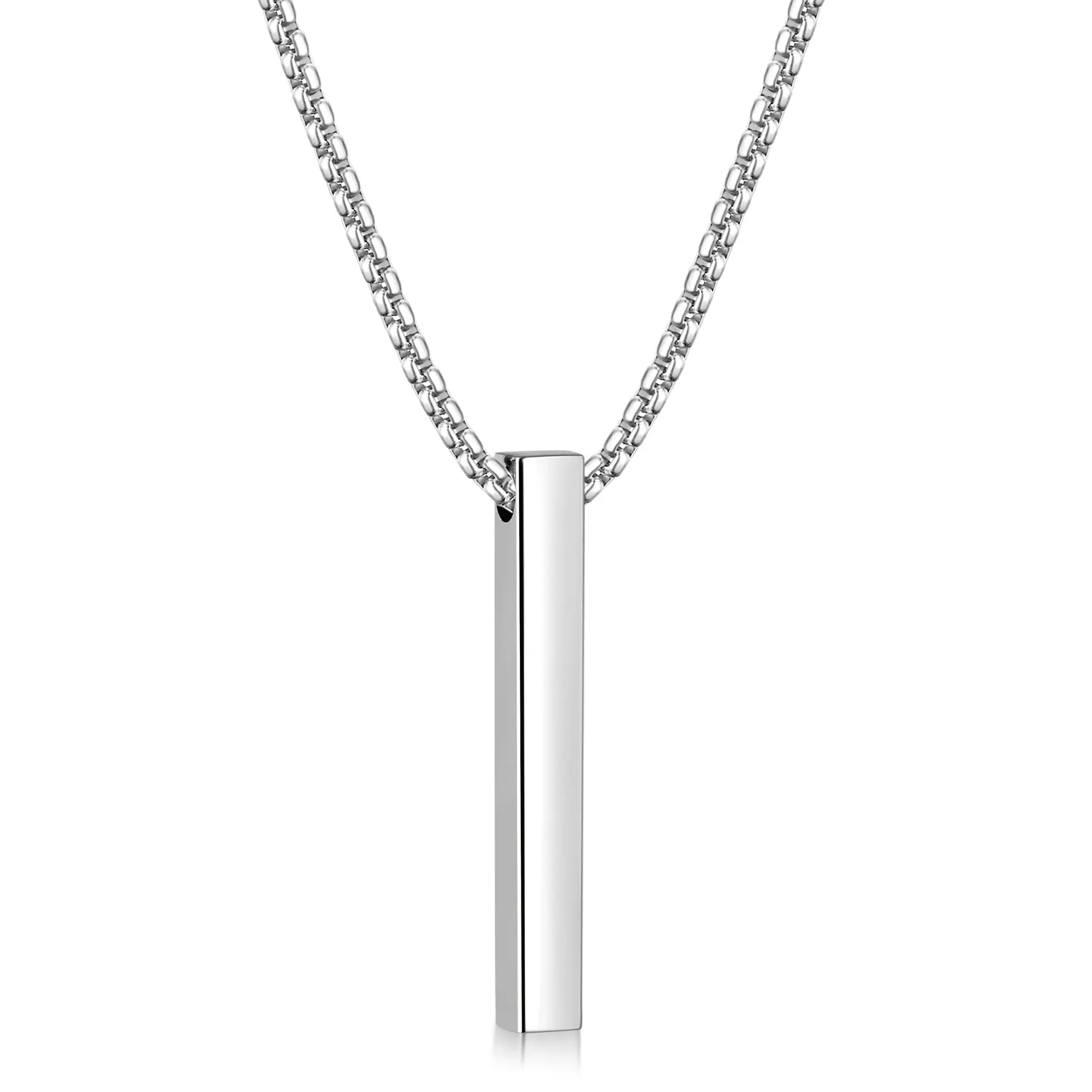 Stainless Steel Bar Pendant Necklace for Men Silver Tone Mens Pendant Necklaces with 2.5 mm Box Chain 16-24 Inches