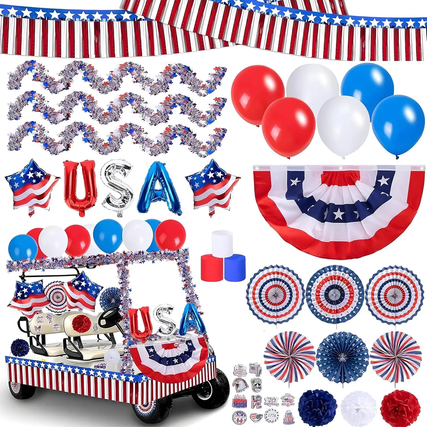 106-Pcs USA Patriotic Party Supplies Kit - 4th of July Decorations Set with Golf Cart Parade Float Wagon Banner, Balloons, Paper Fan, Flag Garland, Streamers, Pom Poms, Red White Blue Flowers for Independence Day Gifts