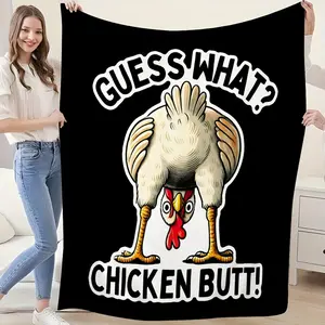 1pc Funny Chicken Throw Blanket - Soft Flannel All-Season Cozy Blanket with "Guess What? Chicken Butt!" Text, Black Background - for Bed, Sofa, Car, Travel, Home Decor - Perfect Gift for Poultry Lovers