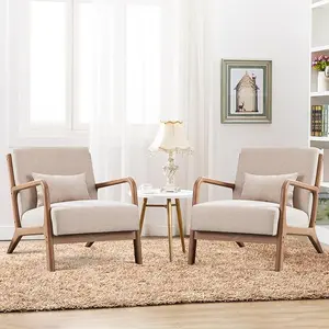 [summervibes][Set of 2]EBELLO Modern Arm Chairs , Mid-Century Modern Accent Chair Upholstered Lounge Chair with Pillow and Solid Wood Frame, Linen Fabric Comfy Chairs for Living Room Interior Design Home Decor