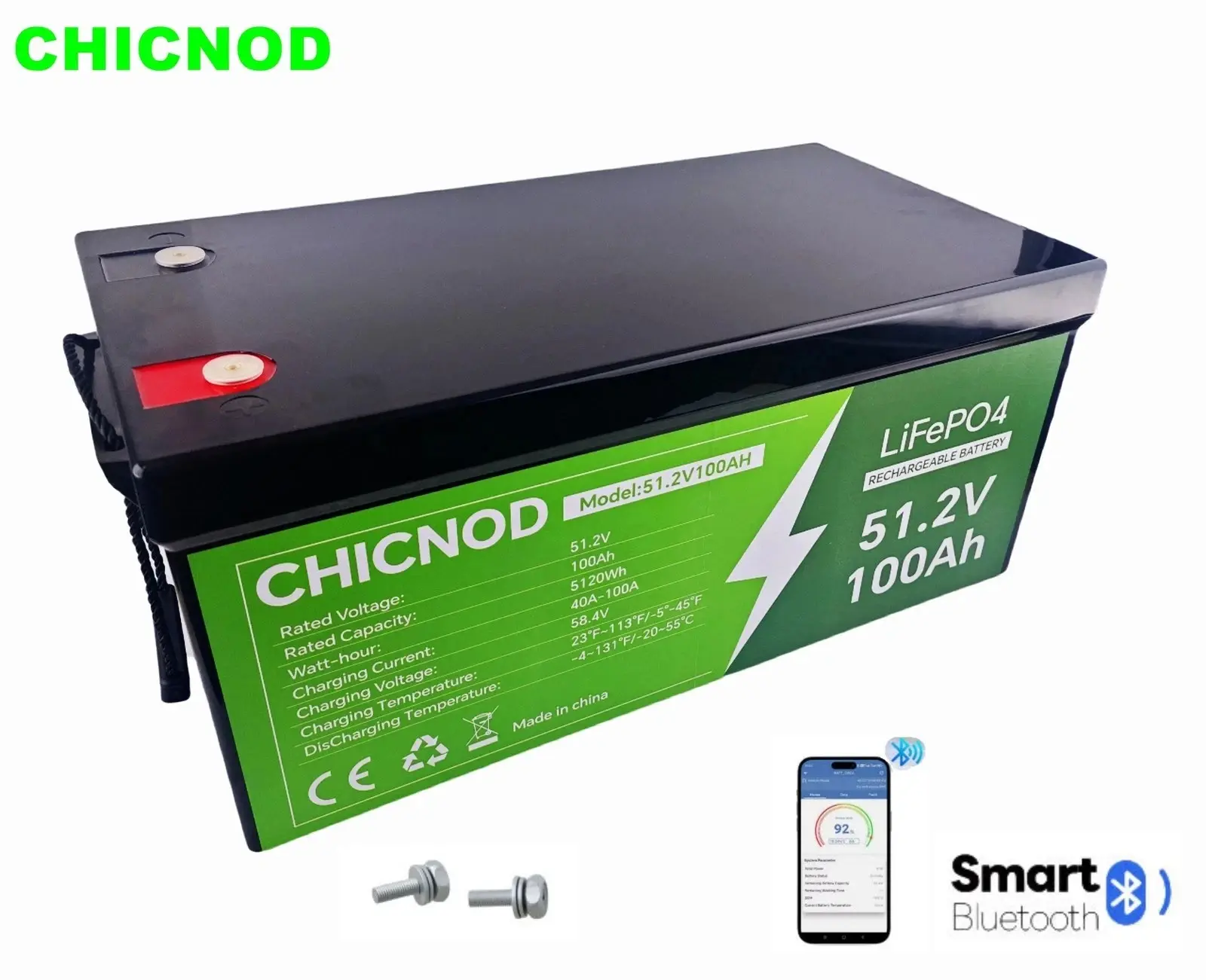 48V 100Ah Lithium LiFePO4 Built-in 100A BMS Deep 15000+ Cycle Phosphate CHICNOD
