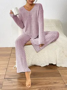 Autumn Winter Velvet V Neck Sweater Set, Casual Loose Straight Leg Pants, New Year Valentine's Day, Women's Fashion Clothing