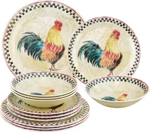 12 Piece Country Rooster Melamine Dinnerware Sets, Outdoor Dishes Set, Plates and Bowls Sets, Service for 4, Multicolor