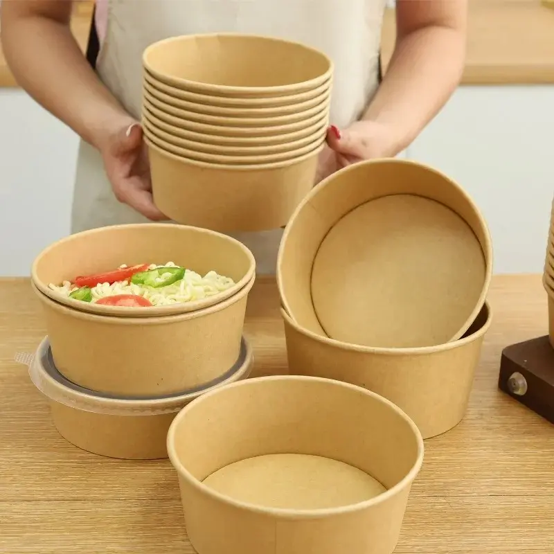 10/piece round kraft paper lunch boxes, disposable paper salad bowls with lids, household kitchen food containers, tableware lunch boxes