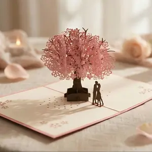 Handmade Cherry Blossom Card Pop Up 3D Flower Romantic Love Letter Greeting Anniversary Wedding Valentine Birthday Gift Card Blank Stationery Paper for Her Him Husband Wife