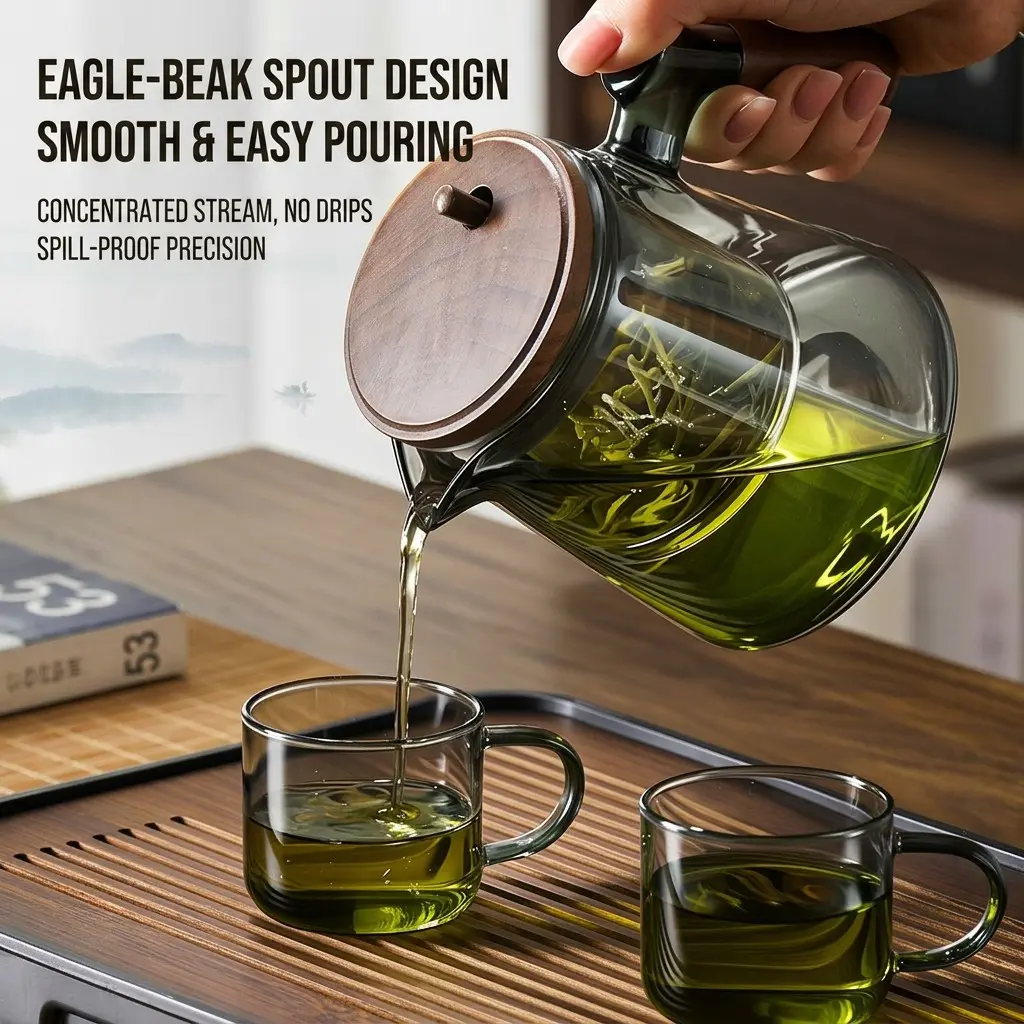 Glass Teapot with Removable Infuser & Wooden Handle - Borosilicate Heat Resistant Loose Leaf Tea Brewer for Office & Home, Teapot with Strainer, Tea Pot with Infusers for Loose Tea
