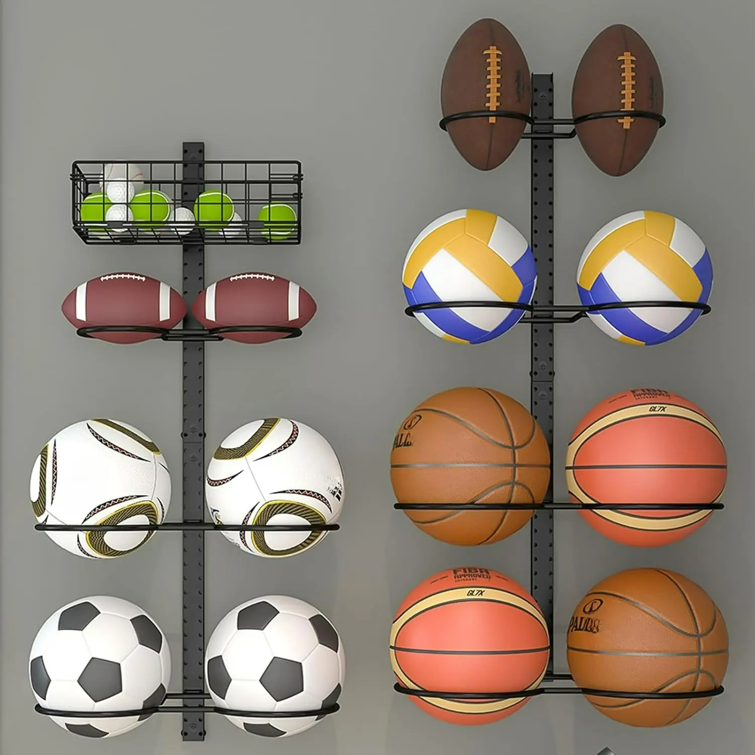 8 Tier Detachable Wall Mounted Basketball Rack,Vertical/Horizontal Football Holder,Holds 14 Balls DIY1/2/3/4 Soccer Stand,Height-Adjustable Ball Rack with Basket for Garage,Tool Room, Adjustable Storage Rack