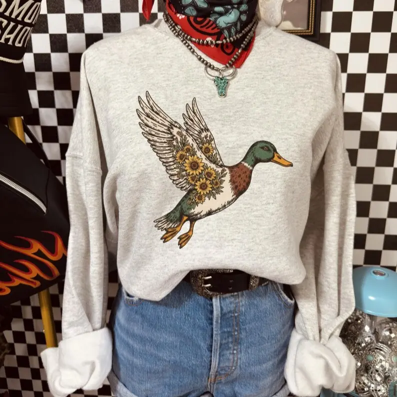 Mallard Duck Sweatshirt, Vintage Duck Graphic Shirt, Floral Duck Sweater, Cottagecore Animal Shirt, Rustic Farm Sweatshirt, Nature Lover Gift