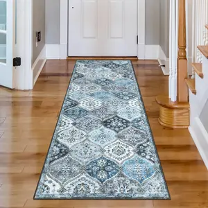【GARVEE】2x6 Runner Rug Machine Washable Area Rug with Non-Slip Backing Stain Resistant Carpet Low Pile Floor Cover Vintage Accent Oriental Carpet for Hallway Kitchen,Grey/Blue