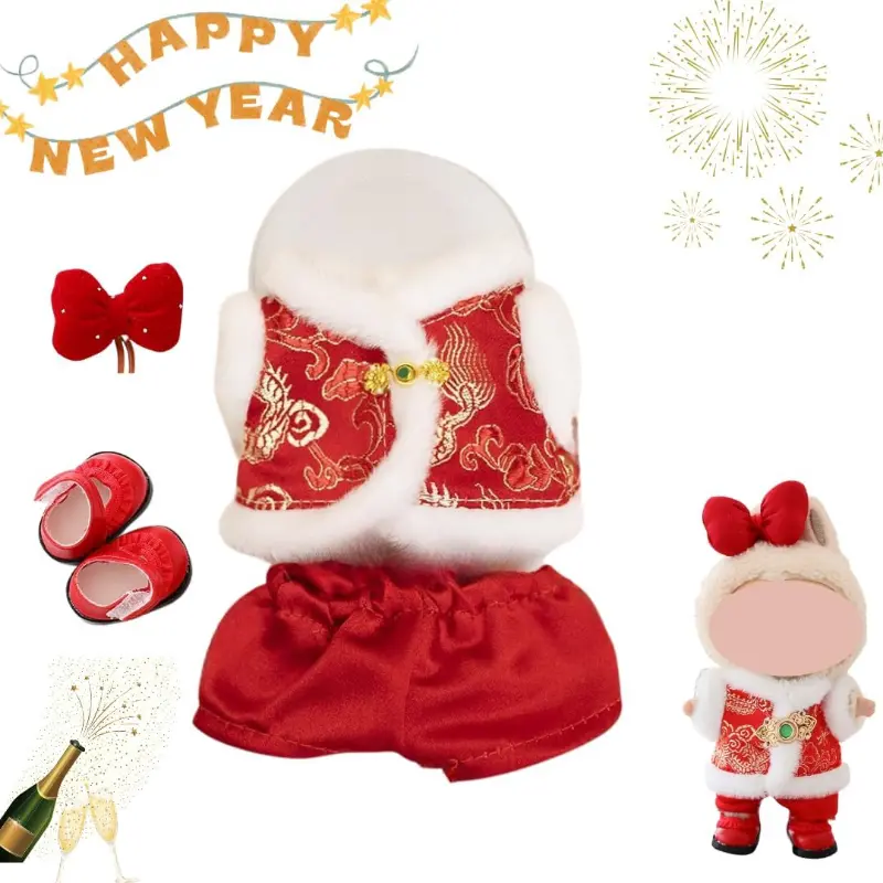 Chinese New Year Tang Suit Outfit for Labubu 6.69inch Dolls & for pop Mart Figures - Funky-Style Red & Golden Traditional Costume Set with Shoes & Bows, Plush Holiday Clothes for Festive Celebrations, Cultural Collectible (Compatible with f