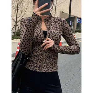 Women's Fashionable Slim Fit Stand Collar Leopard Print Zip-Up Brown Long Sleeve Jacket