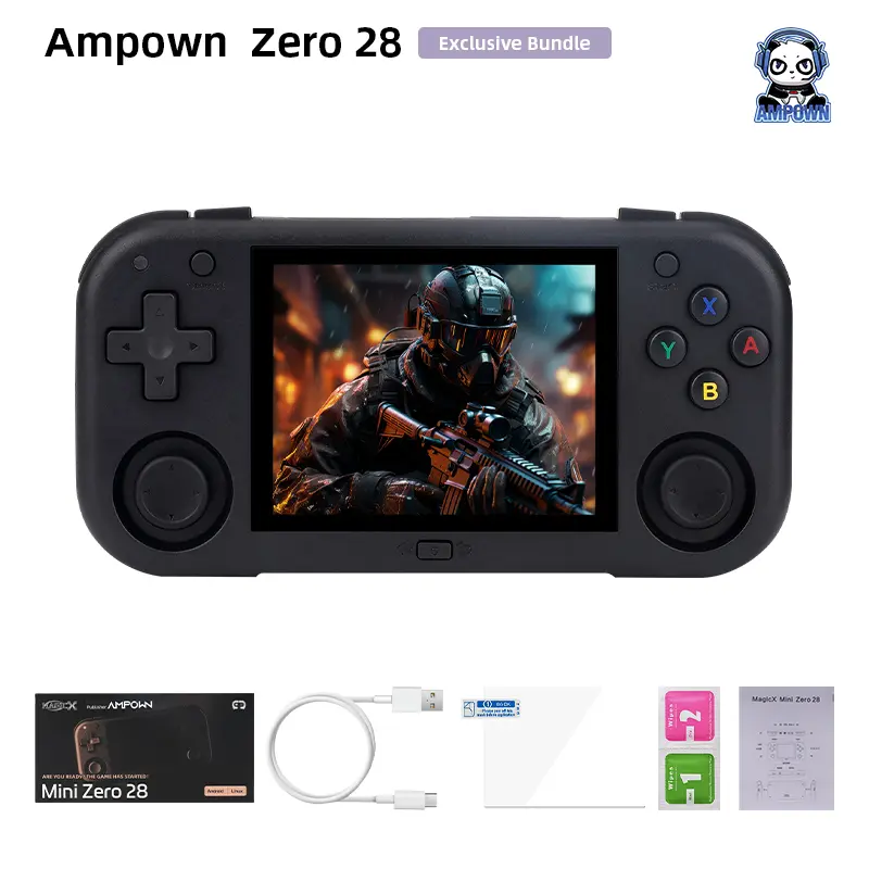 AMPOWN Mini Zero 28 Retro Video Handheld Game Players Consoles 2.8 Inch IPS OCA Viewing Angle Portable Game Android System Cable Card Charging Pad game console