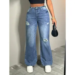 Yzara Women's Mid-Rise Baggy Straight Leg Jeans Vintage Washed Distressed Ripped Wide Leg Denim Pants Womenswear Everyday Casual Fabric Bottoms Chunky Mothersdaygift
