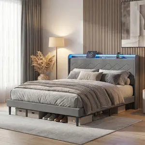 Upholstered  Bed Frame with Height-Adjustable Headboard, 3 USB Charging Ports, LED Light Strip & Bluetooth Controller