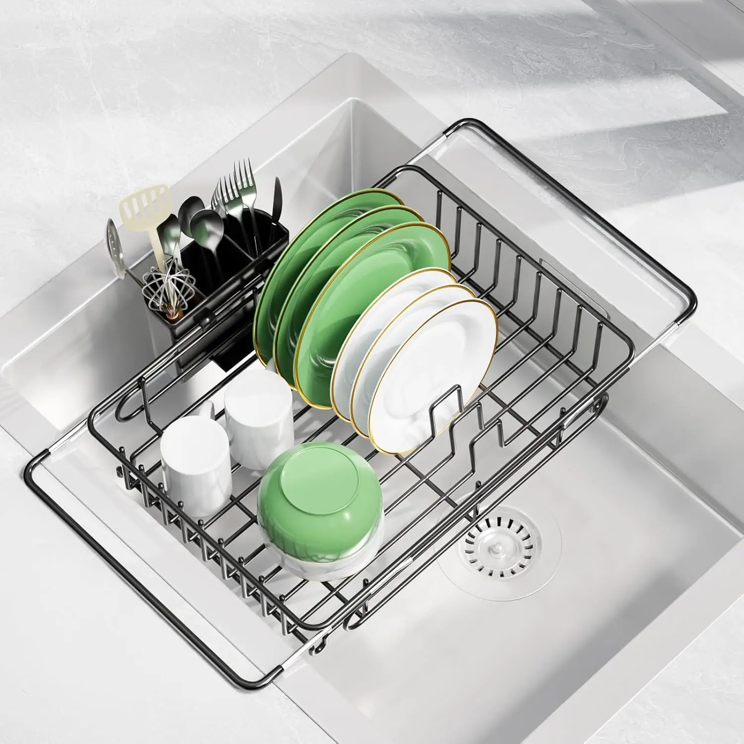 [New Deal] Expandable Dish Drying Rack for in-Sink, Over-Sink, and Counter Use, Dish Drainer with Removable Cutlery Holder, Space Saving & No Assembly Needed 10.5" W x 15" L, Organiser, Stainless Steel