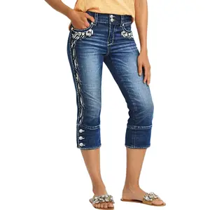 Flamingals Plant Embroidery Button Decor High Waist Skinny Capri Jeans Stretchy 19.3 Inseam