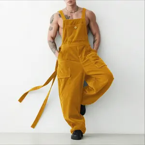 INCERUN Men's Plus-Size Loose-Fit Corduroy Overalls - Menswear Sleeveless Vintage Streetwear, Soft Plain Fabric, Cargo Pockets, Lace-Up for Autumn/Spring Casual Outdoor Use, Yellow Outfit Pairing Option with Shoes