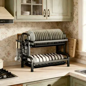 Two-Tier Carbon Steel Bowl Dish Drying Rack with Drain Board, Utensil Holder and Cup Hooks, Dish Drying Organiser, Saves Kitchen Counter Space