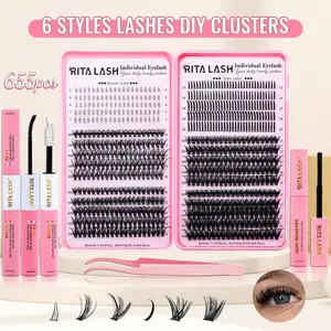 RITALASH 655Pcs DIY Eyelash Extensions Kit D Curl 6 styles Individual Wispy Lash Clusters Eyelashes Extension Set with Lash Bond&Seal Glue Remover Tweezers