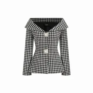 Cider Women's Tweed Houndstooth Blazer with Rhinestone Detail, Cinched Waist, Collar