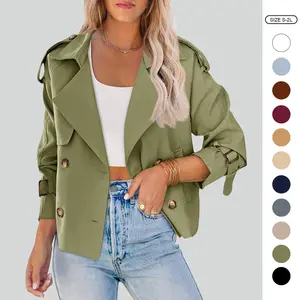 Imily Bela Women's Short Double-Breasted Cropped Trench Coat, Raglan Sleeve, Pockets, Feminine Elegant Casual Womenswear for Work Office