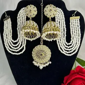 Desi Bollywood Jhumka Earrings with Side Layers & Tikka - Lightweight & Versatile for Parties & Weddings