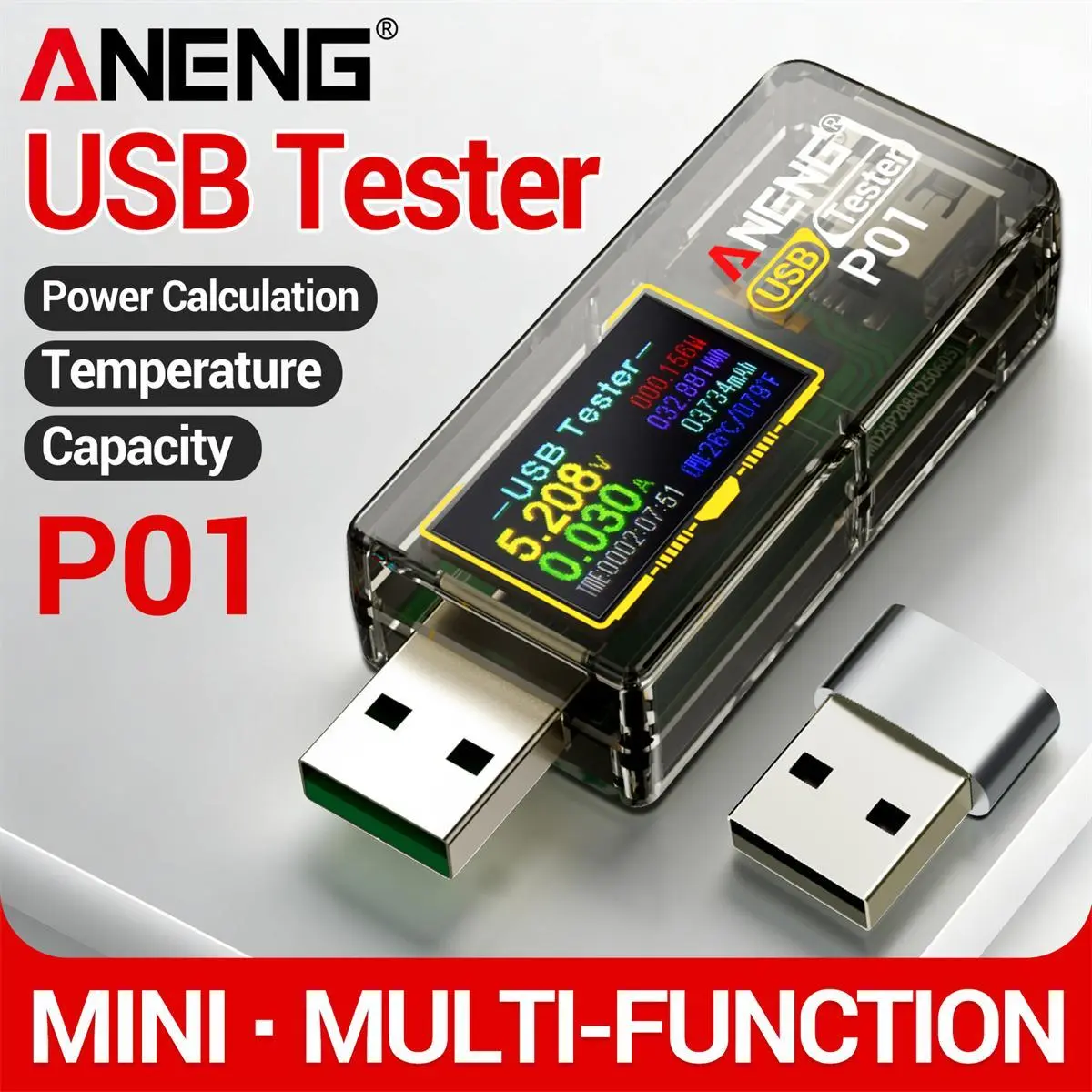ANENG P01 Type-C Digital Multimeter Voltmeter, 4-30V USB-C Tester with Color Screen, Data Storage & Real-Time Monitoring, Fast Charging Detection, Quality Inspection Tool for Chargers, Smartphones, Power Supplies, Voltage Check Tool, Volt Meters And Multi