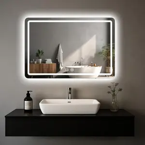60x90 cm LED Backlit Bathroom Mirror, Anti-Fog Wall Mounted Vanity Mirror with 3 Color Dimmable Light, IP54 Waterproof Defogger Makeup Mirror for Bathroom Bedroom Salon Hotel Home Improvement