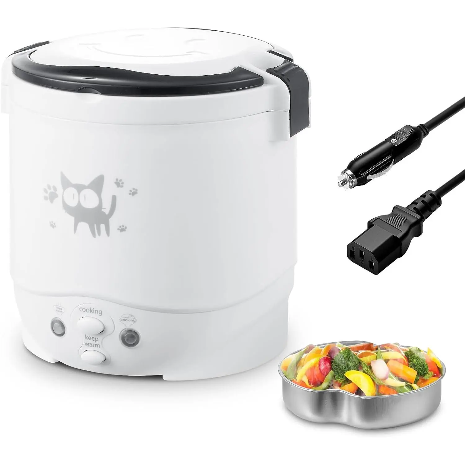 Mini Rice Cooker, 1L Small Rice Cooker 2 Cup-uncooked Travel Rice Maker 12V for  with Steamer, Auto Keep Warm Suitable For 1-2 People, White