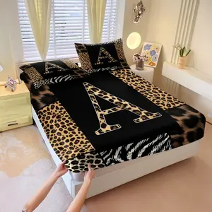 3Pcs Letter Leopard Zebra Stripe Patchwork Fitted Sheet Set, Soft and Skin-Friendly, Comfortable and Breathable, Non-Slip, Soft Comfy Bedding, Ideal for Teen Girls and Students Bedroom Dorm