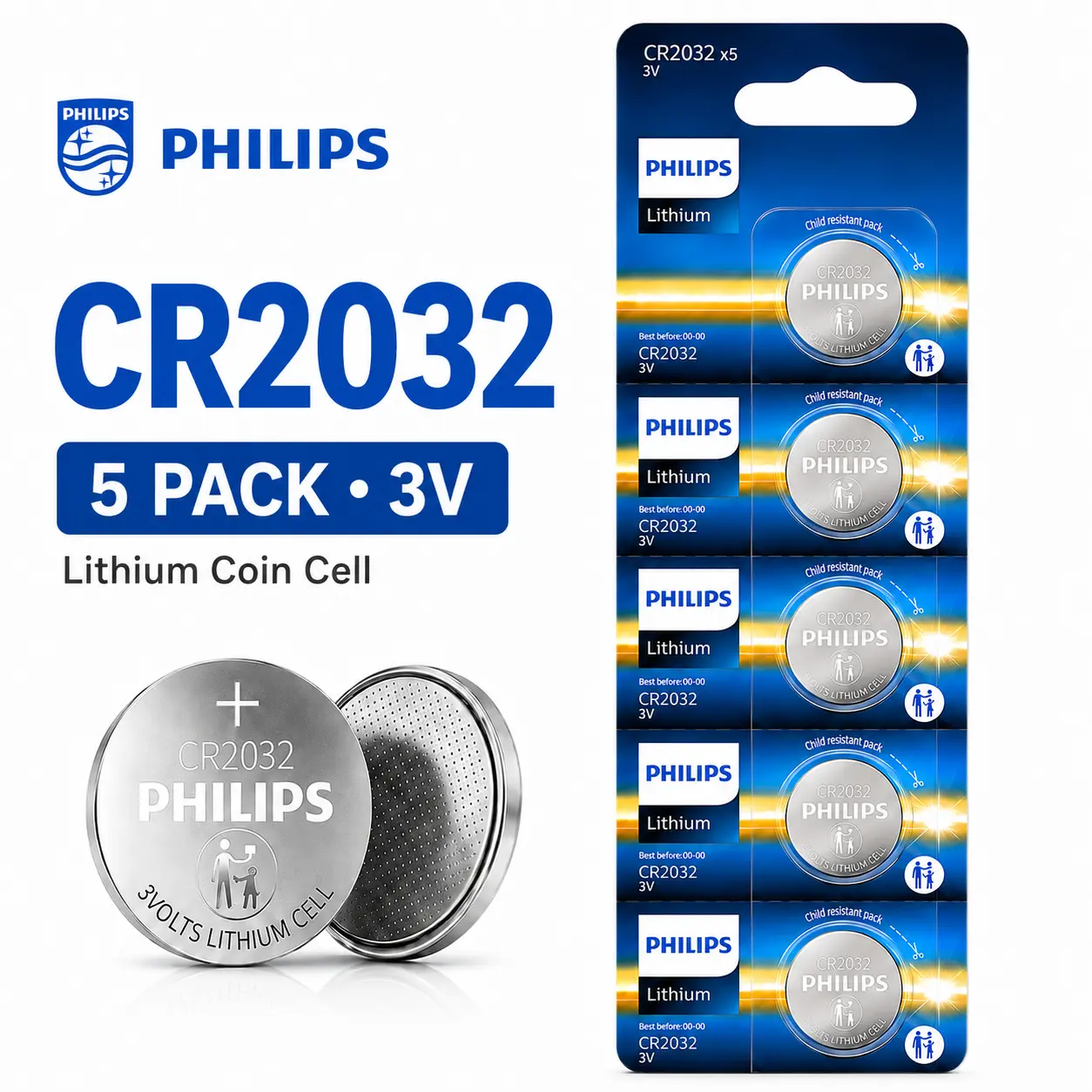 PHILIPS CR2032 Batteries 5 Pack, 3V Lithium Coin Cell Batteries for Item Trackers, Car Remotes, Watches, Digital Scales and Calculators, 10-Year Storage Life