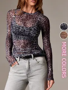 New Fashion Mesh Round Neck Long Sleeves Leopard Print Slim Fit T-Shirt, Trendy Women's Top, Comfortable and Stylish, Perfect for Daily Wear