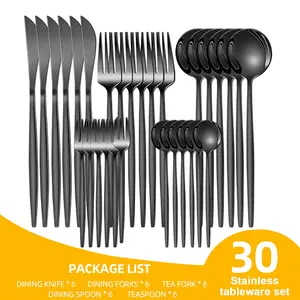 10 piece set and 30 piece set family set service, high-end stainless steel tableware set, mirror polished tableware set, durable kitchen tableware set, including   salad fork knife spoon set, dishwasher washable Cutlery Black 10Pcs