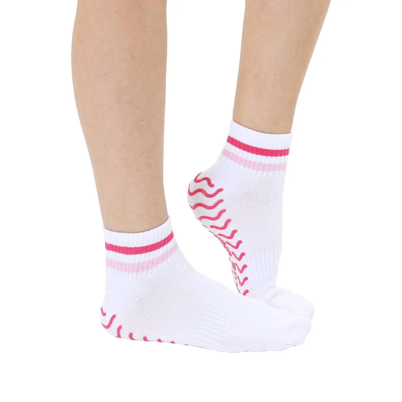 Pink Stripe Grip Socks - Super Sticky Non-Slip Socks with Padded Soles - Casual Breathable Cotton Blend Socks For Everyday Wear - Ideal for Yoga, Workout & Dance