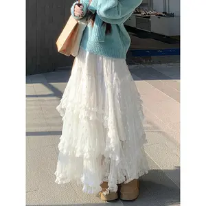 Women's Spring A-line Skirt with Elastic Waistband and Layered Lace Trim, Suitable for Travel, Beach, Shopping