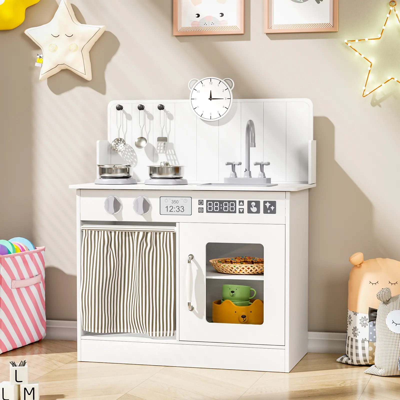 Arlopu Kids Kitchen Playset with Ample Storage, Interactive Play Kitchen with Simulated Gas Cooker, Clicking Knobs, Sink, Faucet, 6 Pcs Cookware, Educational Clock for Toddlers summerwins