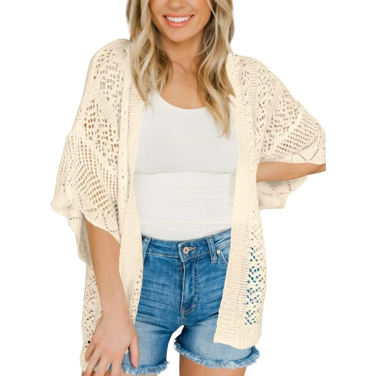 Saodimallsu Women's Chic Boho Crochet Cardigan, Casual Summer Open Front Cover Up with 3/4 Bell Sleeves, Breathable Lightweight Knit, Boho Clothes For Women, Cardigan For Women