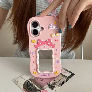 3D Silicone Bow Mirror Phone Case For iPhone 17 16 15 14 13 Pro Max Plus Cute Wave Protective Case