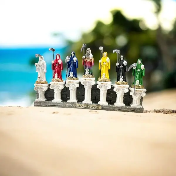Staute Santa Muerte 7 Potencias Pedestal Collection of Seven Colorful Statues on Pedestals Hand-Painted Resin with Golden Accents and Spanish Inscriptions Decor Set