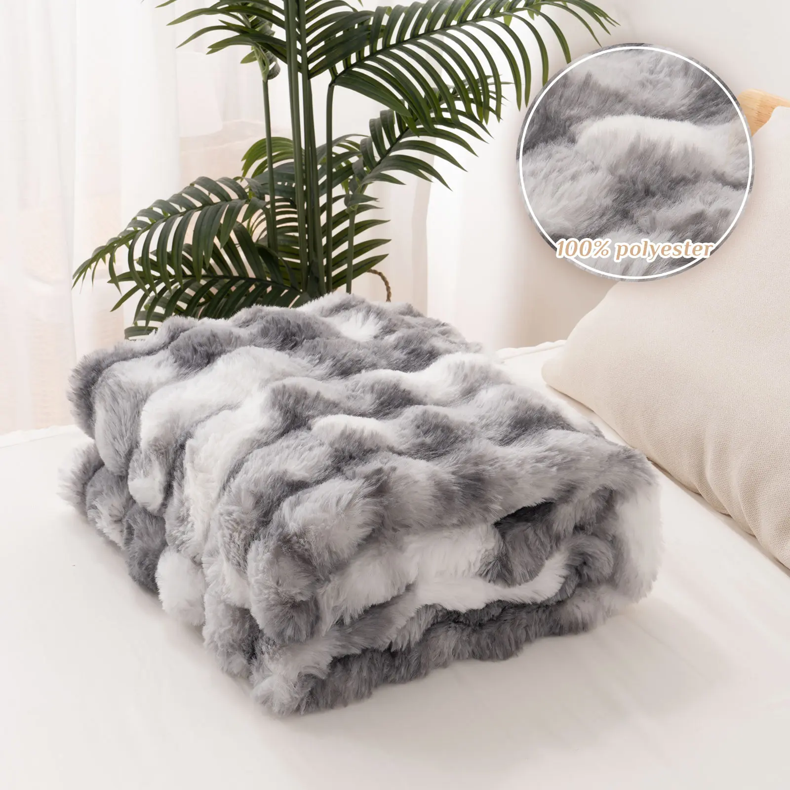 Faux Rabbit Fur Blanket  Thick & Warm Bed Blankets for Winter, Soft Cozy Fluffy Decorative Blankets Bedroom, Heavy Furry Luxury Blanket