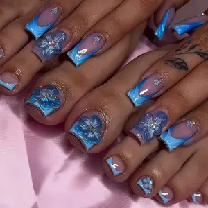 48pcs Blue Medium Square Nails, Glossy Finish, Reusable, Y2K Style, Nail Art Design, Party & Daily Wear, Free Jelly Glue & Nail File Included, Nail Set